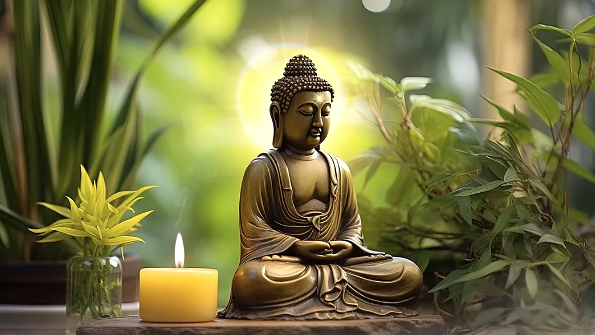 A brass Buddha statue with a lit candle and green plants in soft, warm light