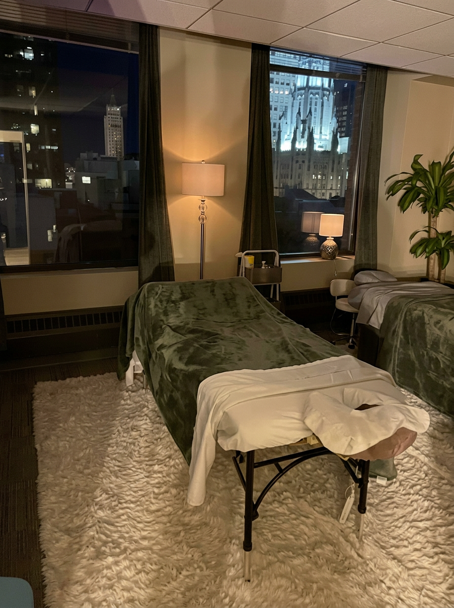 The couples room in the evening with two massage tables, warm lamp light and the Chicago skyline lit up through the windows