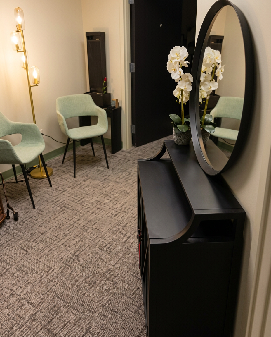 The reception and waiting area, with sage-green chairs, a round black mirror and white orchids