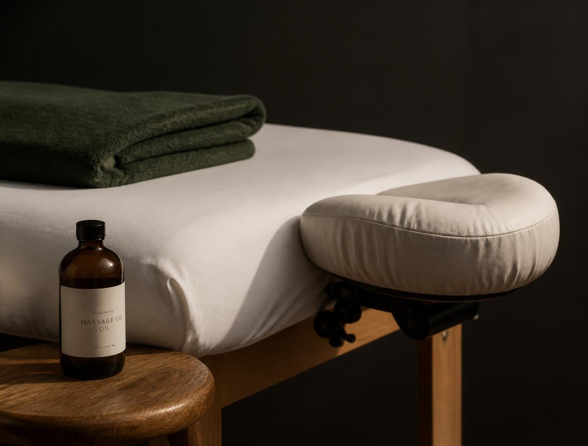 Massage table corner dressed in white linens with a folded green towel and an amber bottle of unscented oil on an oak stool