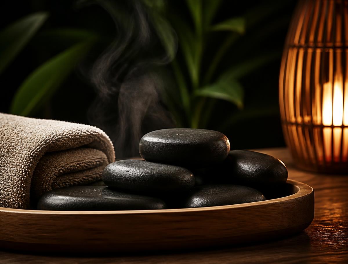 Smooth dark basalt stones warming on a wooden tray beside a rolled towel, faint steam rising in lamplight