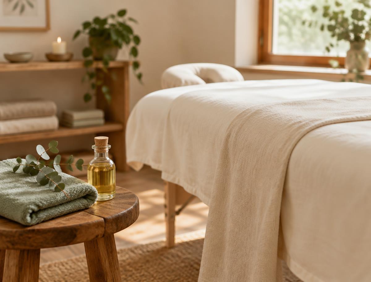 Massage table in cream linens beside a wooden stool with a folded sage towel, eucalyptus sprig and a small bottle of light oil
