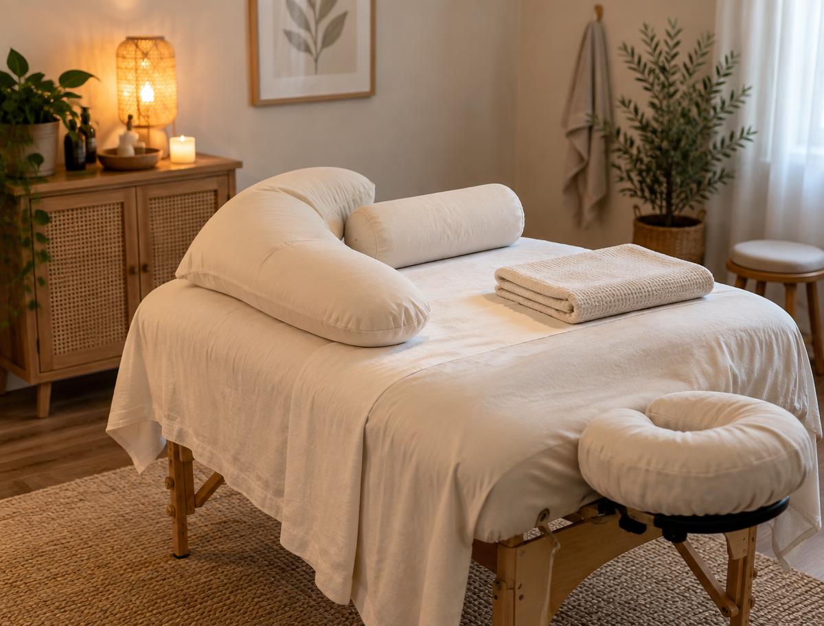 Massage table dressed in cream linens with a side-lying body pillow, bolster and folded towel in a warmly lit room