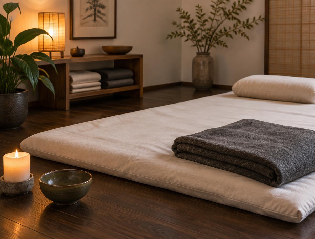 Low futon mat with a neutral cotton cover, folded grey blanket, candle and ceramic bowl in a calm, warmly lit corner