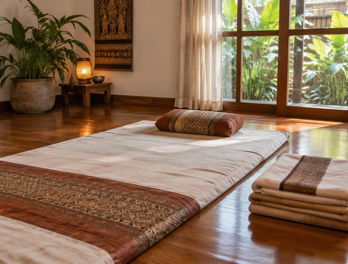 Traditional Thai massage mat with a patterned bolster and folded linens on a warm wooden floor beside a sunlit window